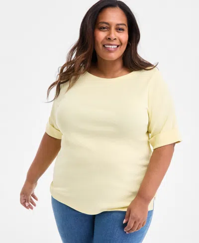 Style & Co Plus Size Boat-neck Elbow Sleeve Cotton Top, Exclusively At Macy's