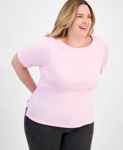 Style & Co Plus Size Boat-neck Elbow Sleeve Cotton Top, Exclusively At Macy's In Pink