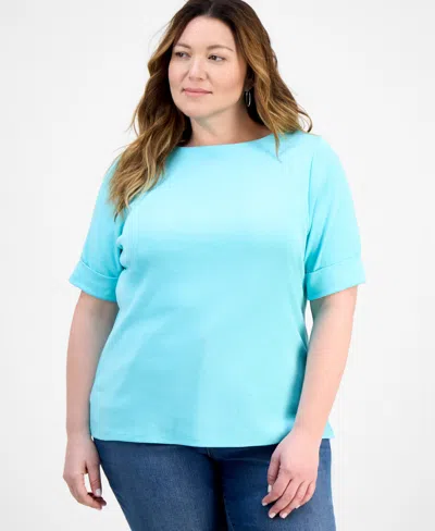 Style & Co Plus Size Boat-neck Elbow Sleeve Cotton Top, Exclusively At Macy's In Blue