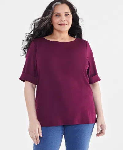 Style & Co Plus Size Boat-neck Elbow Sleeve Cotton Top, Exclusively At Macy's In Purple