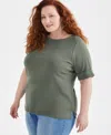 Style & Co Plus Size Boat-neck Elbow Sleeve Cotton Top, Exclusively At Macy's In Green