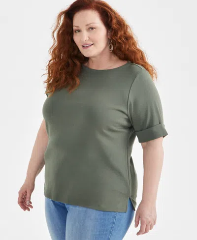 Style & Co Plus Size Boat-neck Elbow Sleeve Cotton Top, Exclusively At Macy's In Green
