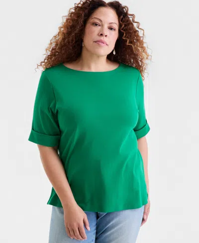 Style & Co Plus Size Boat-neck Elbow Sleeve Cotton Top, Exclusively At Macy's In Green