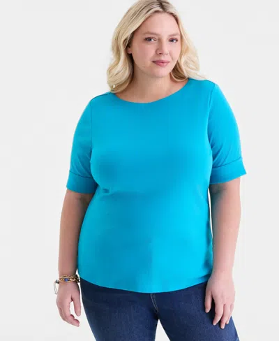 Style & Co Plus Size Boat-neck Elbow Sleeve Cotton Top, Exclusively At Macy's In Blue
