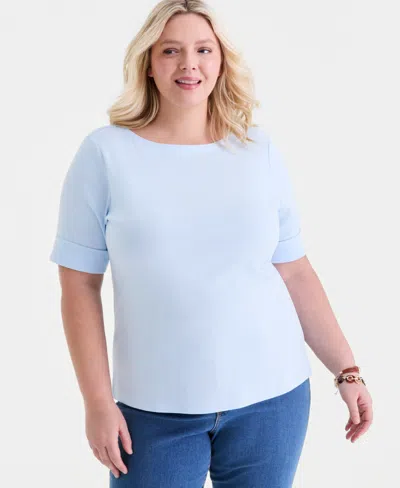 Style & Co Plus Size Boat-neck Elbow Sleeve Cotton Top, Exclusively At Macy's In Blue