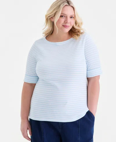 Style & Co Plus Size Boat-neck Elbow Sleeve Cotton Top, Exclusively At Macy's In Blue
