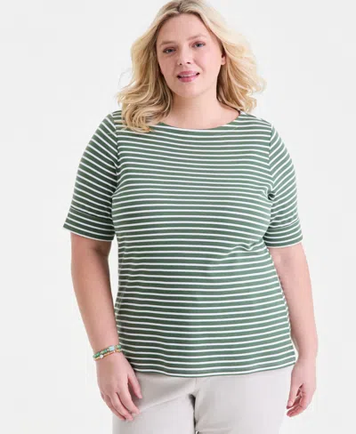 Style & Co Plus Size Boat-neck Elbow Sleeve Cotton Top, Exclusively At Macy's In Green