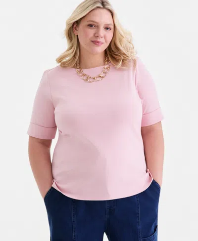 Style & Co Plus Size Boat-neck Elbow Sleeve Cotton Top, Exclusively At Macy's In Pink