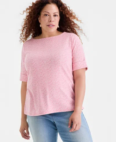 Style & Co Plus Size Boat-neck Elbow Sleeve Cotton Top, Exclusively At Macy's In Pink