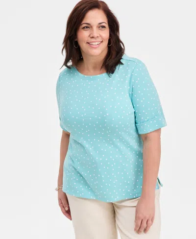 Style & Co Plus Size Boat-neck Elbow Sleeve Cotton Top, Exclusively At Macy's In Blue