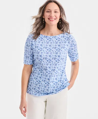 Style & Co Plus Size Boat-neck Elbow Sleeve Cotton Top, Exclusively At Macy's In Blue