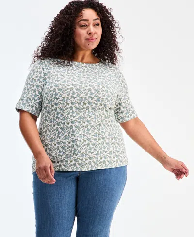 Style & Co Plus Size Boat-neck Elbow Sleeve Cotton Top, Exclusively At Macy's In Multi