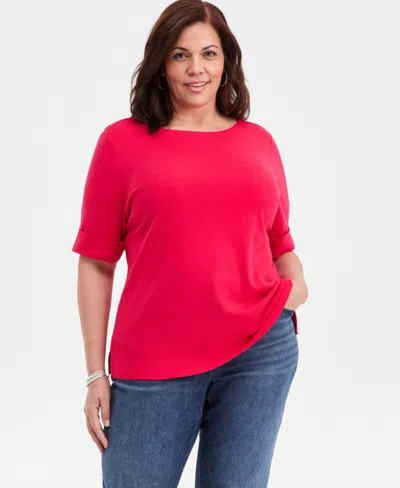 Style & Co Plus Size Boat-neck Elbow Sleeve Cotton Top, Exclusively At Macy's In Red