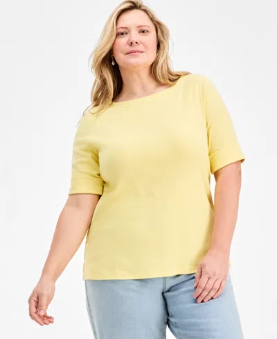 Style & Co Plus Size Boat-neck Elbow Sleeve Cotton Top, Exclusively At Macy's In Yellow