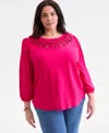 Style & Co Plus Size Broderie Anglaise 3/4-sleeve Top, Macy's Exclusive In Pink