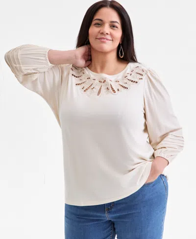 STYLE & CO PLUS SIZE BRODERIE ANGLAISE 3/4-SLEEVE TOP, MACY'S EXCLUSIVE
