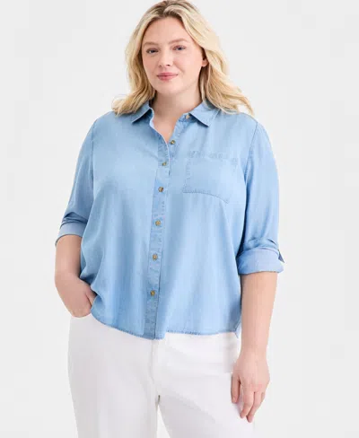 Style & Co Plus Size Button-front Chambray Shirt, Macy's Exclusive In Blue