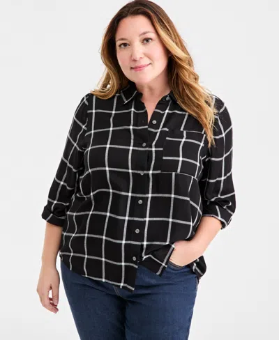 Style & Co Plus Size Button-front Perfect Shirt, Macy's Exclusive In Black