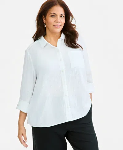 Style & Co Plus Size Button-front Collared Long-sleeve Shirt, Created For Macy's In White