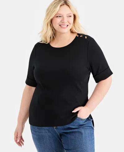 Style & Co Plus Size Button-shoulder Cuffed Elbow-sleeve Top, Macy's Exclusive In Black