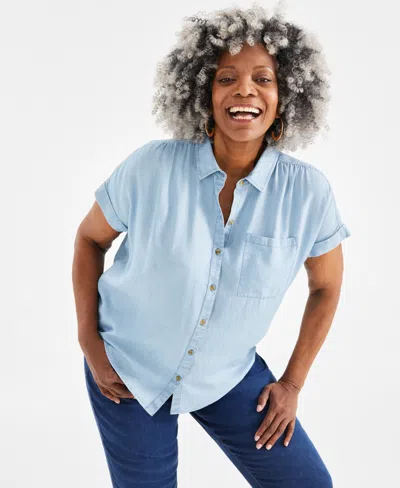 Style & Co Plus Size Chambray Camp Shirt, Created For Macy's In Emma Wash