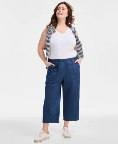 Style & Co Plus Size Chambray Pull-on Cropped Pants, Exclusively At Macy's In Blue