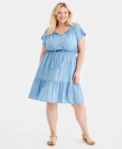 Style & Co Plus Size Chambray Tiered Midi Dress, Macy's Exclusive In Multi