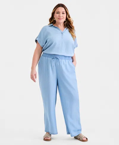 Style & Co Plus Size Chambray Wide-leg Pants, Macy's Exclusive In Blue