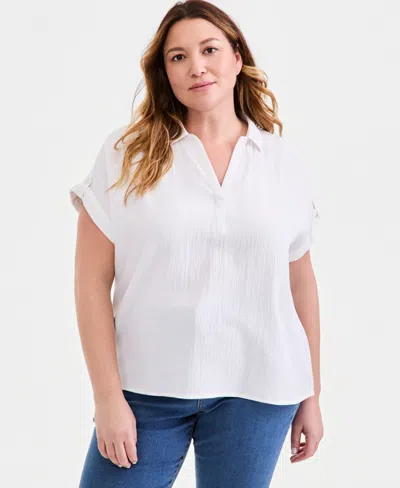 Style & Co Plus Size Collared Popover Top, Macy's Exclusive In White