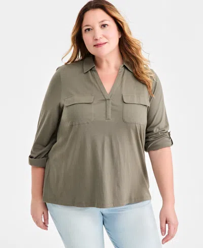 Style & Co Plus Size Collared V-neck Knit Top, Macy's Exclusive In Green