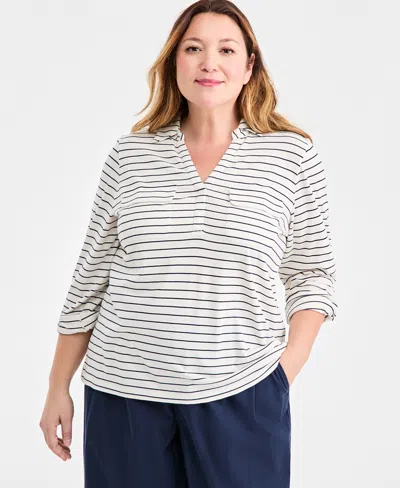 Style & Co Plus Size Collared V-neck Knit Top, Macy's Exclusive In White