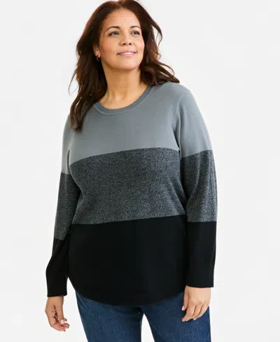 Style & Co Plus Size Colorblocked Curved-hem Sweater, Macy's Exclusive In Deep Black