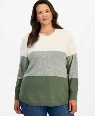 Style & Co Plus Size Colorblocked Curved-hem Sweater, Macy's Exclusive In Leafy Clover