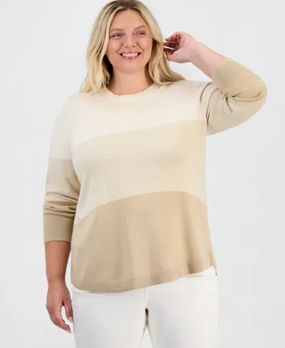 Style & Co Plus Size Colorblocked Curved-hem Sweater, Macy's Exclusive In Sand Linen