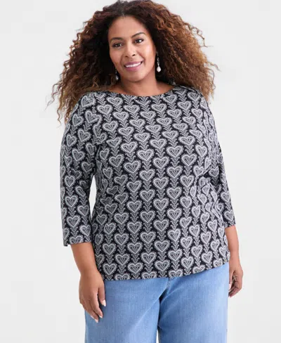 Style & Co Plus Size Cotton Boat-neck Top, Macy's Exclusive In Black