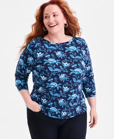 Style & Co Plus Size Cotton Boat-neck Top, Macy's Exclusive In Blue