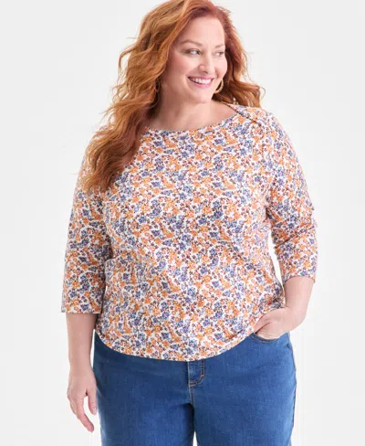 Style & Co Plus Size Cotton Boat-neck Top, Macy's Exclusive In Multi