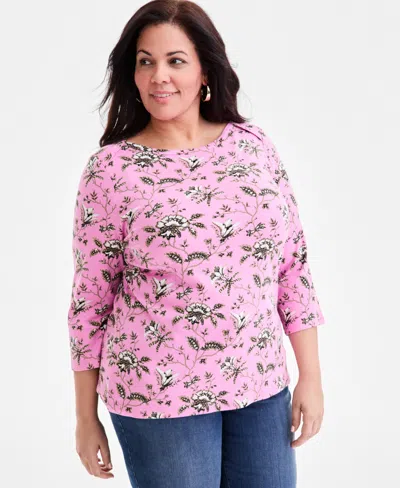 Style & Co Plus Size Cotton Boat-neck Top, Macy's Exclusive In Pink