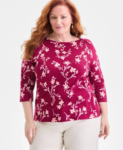 Style & Co Plus Size Cotton Boat-neck Top, Macy's Exclusive In Red