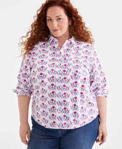 Style & Co Plus Size Cotton Button Down Shirt, Created For Macy's In Bouquet White