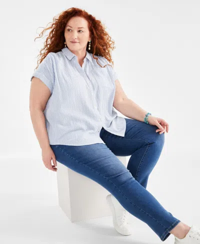 Style & Co Plus Size Cotton Button-front Camp Shirt, Created For Macy's In Feeder Blue