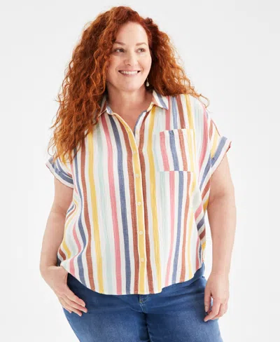 Style & Co Plus Size Cotton Button-front Camp Shirt, Created For Macy's In Multi Stripe