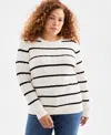 Style & Co Plus Size Cotton Cable-knit Crewneck Stripe Sweater, Created For  In White