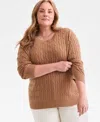 Style & Co Plus Size Cotton Cable-knit Crewneck Sweater, Macy's Exclusive In Brown