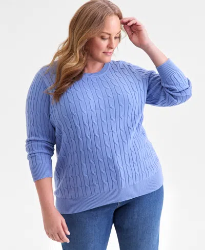 Style & Co Plus Size Cotton Cable-knit Crewneck Sweater, Macy's Exclusive In Blue