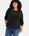 Style & Co Plus Size Cotton Cable-knit Crewneck Sweater, Macy's Exclusive In Deep Black