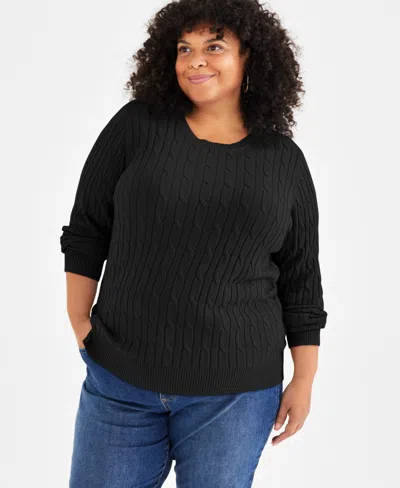 Style & Co Plus Size Cotton Cable-knit Crewneck Sweater, Created For  In Deep Black
