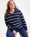 Style & Co Plus Size Cotton Cable-knit V-neck Stripe Sweater, Created For Macy's In Blue