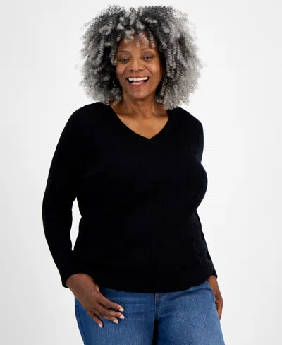 Style & Co Plus Size Cotton Cable-knit V-neck Sweater, Created For Macy's In Deep Black