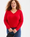 Style & Co Plus Size Cotton Cable-knit V-neck Sweater, Created For Macy's In Red
